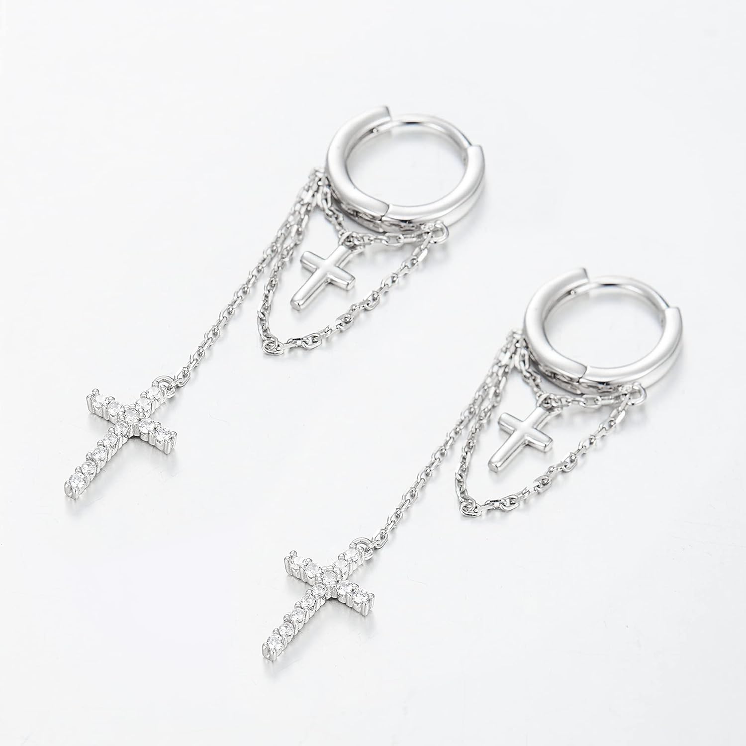 EVER FAITH Tassel Long Chain Earrings, 925 Sterling Silver White CZ Double Cross Dangle Hoop Earrings for Women
