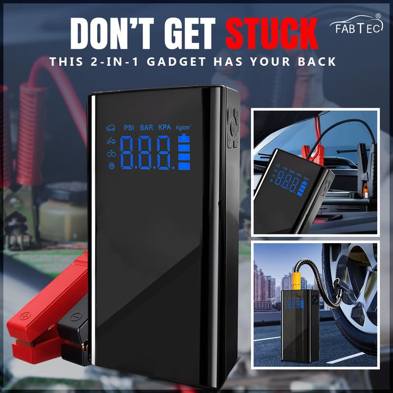 Image of Fabtec 4-in-1 Jump Starter with Tyre Inflator 150 PSI Portable Tire Inflator Air Compressor with Digital Display, 15000mAh Battery, SOS Light & 5 Air Filling Modes for Cars, Bikes, Bicycles and Balls