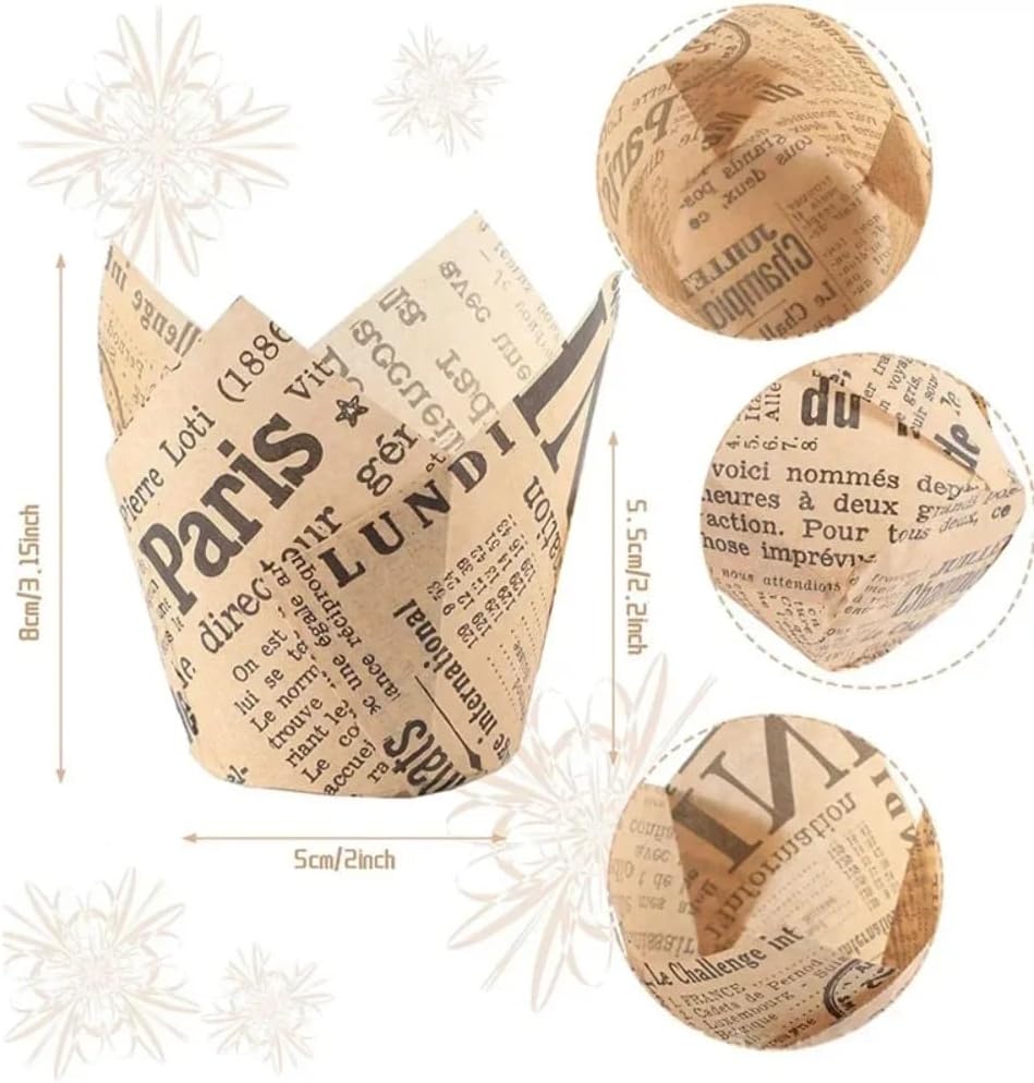 Vintage Newspaper Style Cupcake Wrappers, 50/100/300/500 pack, Brown Paper Baking Cups, 2 Inch Height Liners for Wedding Party Bakeware (500)