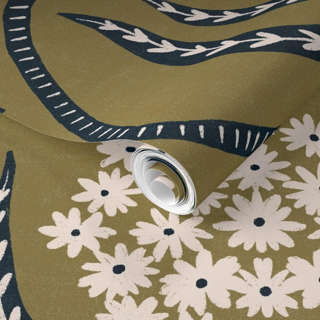 Spoonflower Removable Wallpaper 6ft x 2ft - Large Olive Green Minimal Floral Damask Simple Flower Custom Pre-Pasted Wallpaper