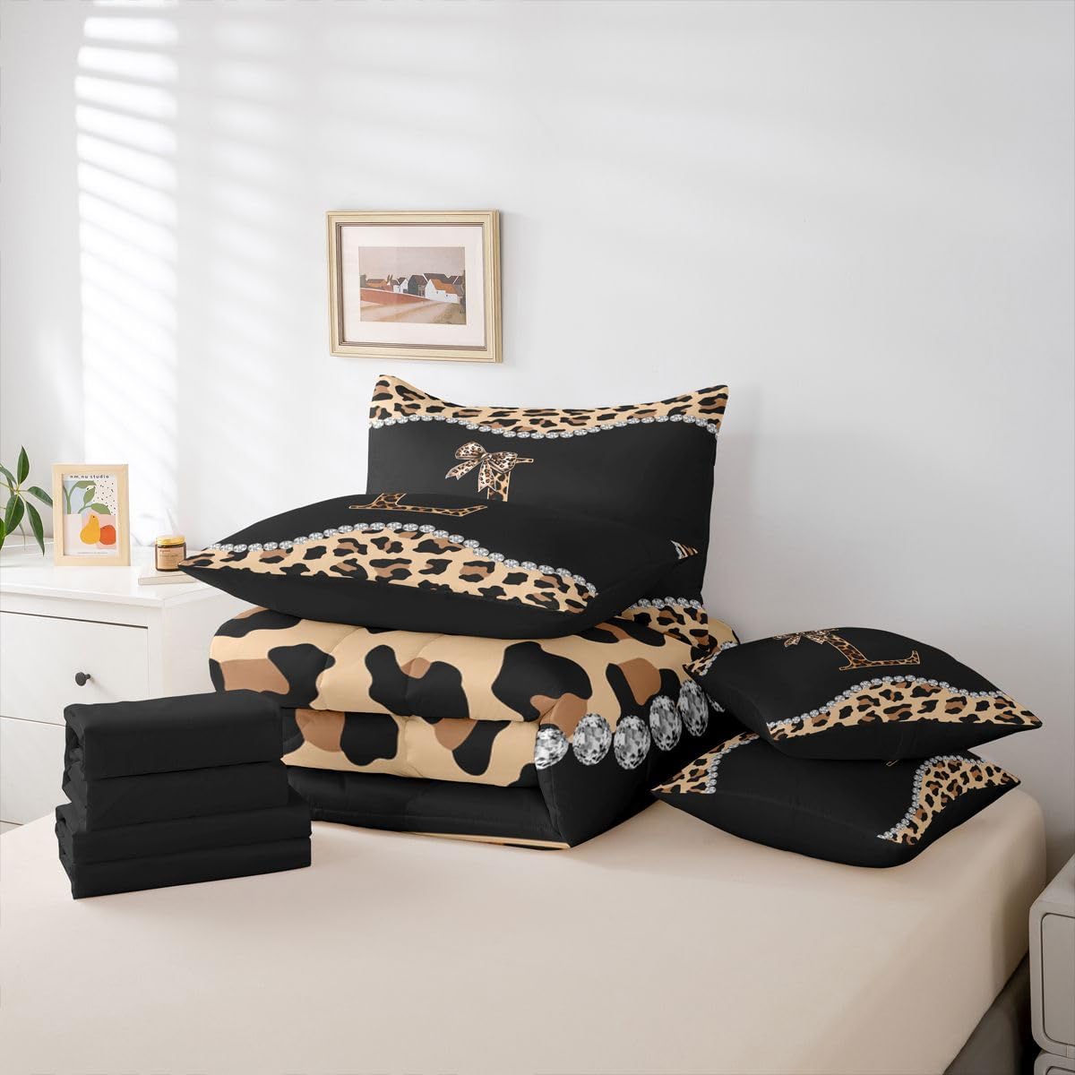 Castle Fairy Letter Initial L Queen Size Bed Sets 7 Pieces,Leopard Print Kids Comforter Set,African Cheetah Fashion Bowknot Bedding Set with 1 Comforter,2 Sheets,2 Pillowcases & 2 Throw Pillow Covers