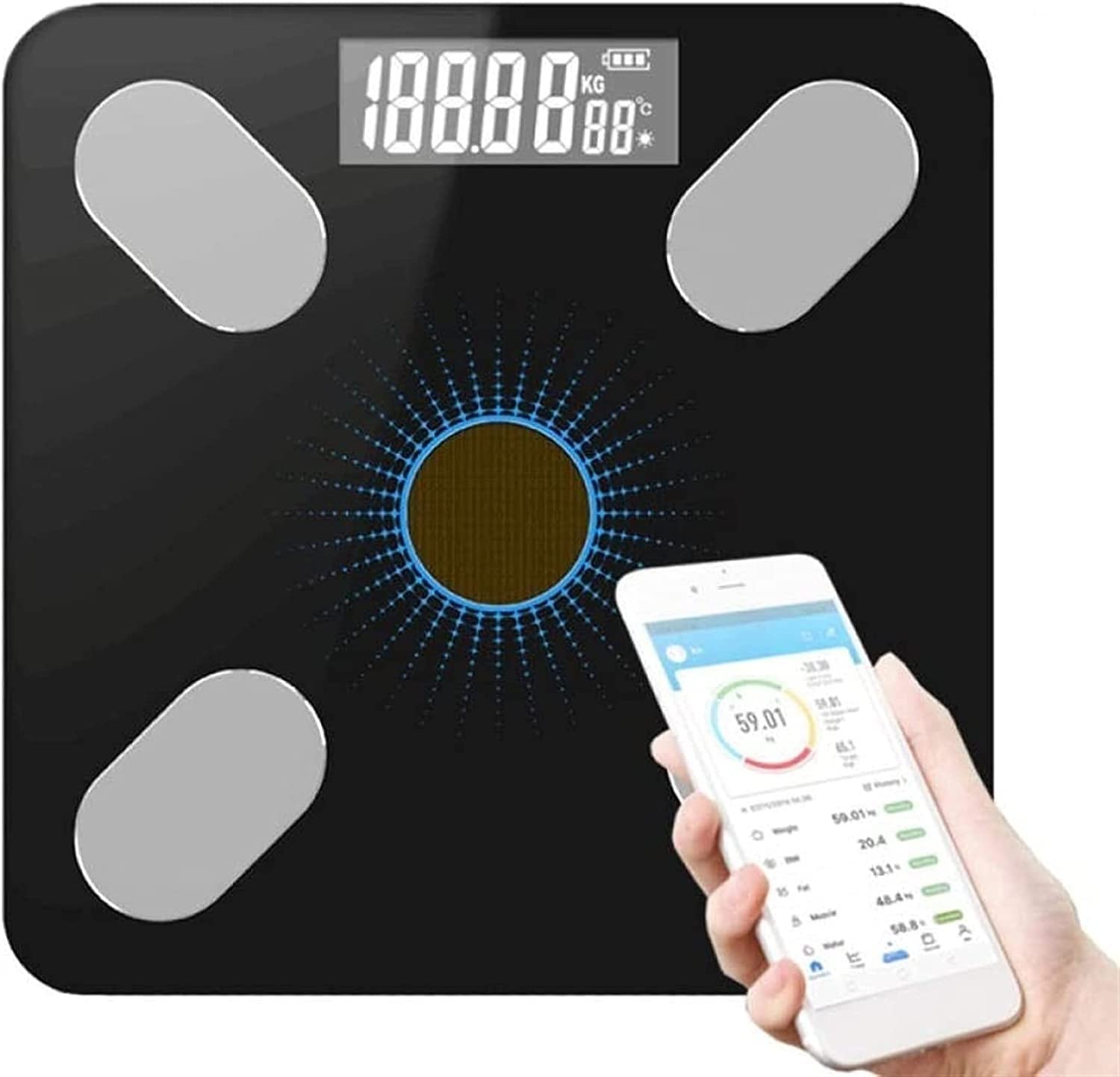 Scala del grasso corporeo, bagno digitale wireless intelligente BMI Scala del peso, Monitoraggio della salute della composizione corporea con piattaforma di vetro temperato grande retroillumina