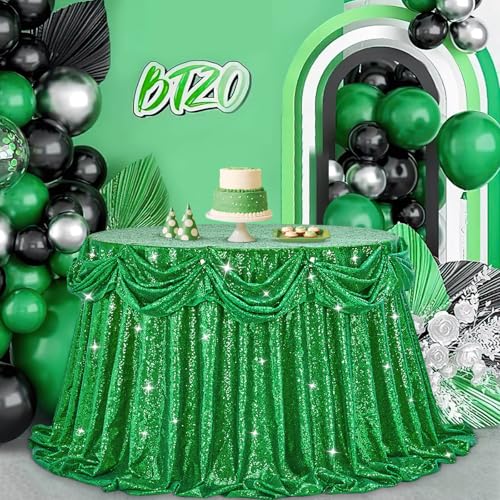 Image of B-COOL Round Tablecloth Sequin Draping Decorations: 132 Inch Tablecloths Sequin Overlay Green Shimmer Fabric for Birthday Dinner Parties Christmas Decor