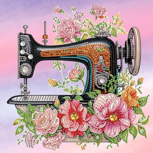 Image of Diamond Art Painting Kits for Adults, 5D Special Shape Diamond Art Kits for Beginners, Crystal Rhinestones Diamond Art Painting for Home Wall Decoration Gift 12x12inch, Old Flower Sewing Machine