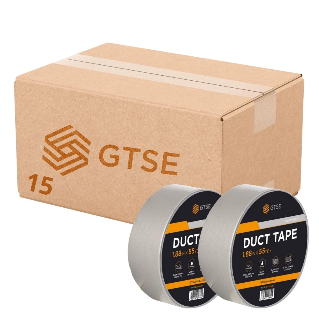 GTSE 15 Rolls, Silver Duct Tape, 48mm x 50m, 2” Waterproof Strong Adhesive Gaffer Tape for Patching, Sealing, Securing Cables and Labelling, Heavy Duty Tape