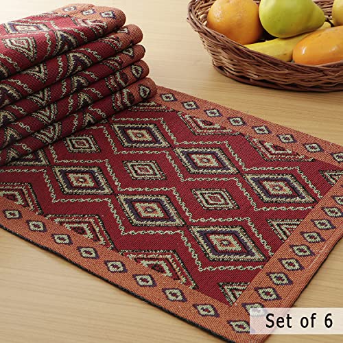 Image of HOKIPO Cotton Jacquard Dinner Table Placemats Set of 6 (12x18 Inches) (IN-530-D2*6) Red Diamond