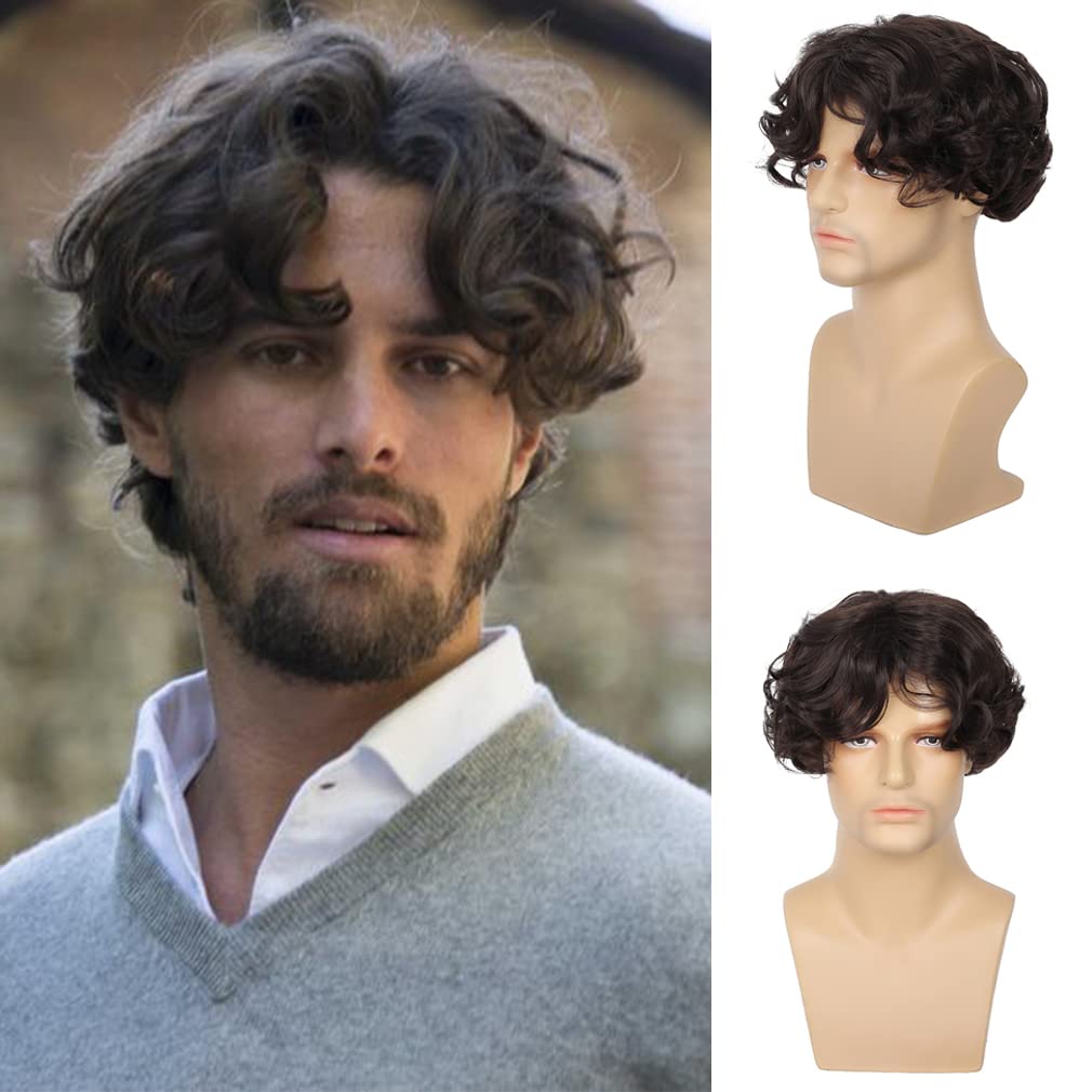 Sallcks Mens Short Curly Brown Wig Natural Fluffy Middle Part Halloween Cosplay Costume Synthetic Hair Wig for Male Guys