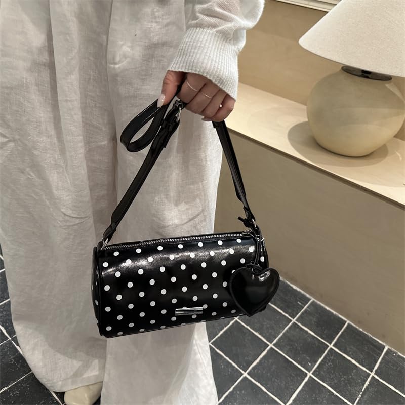 Bolso cruzado cilíndrico de piel sintética para mujer con colgante