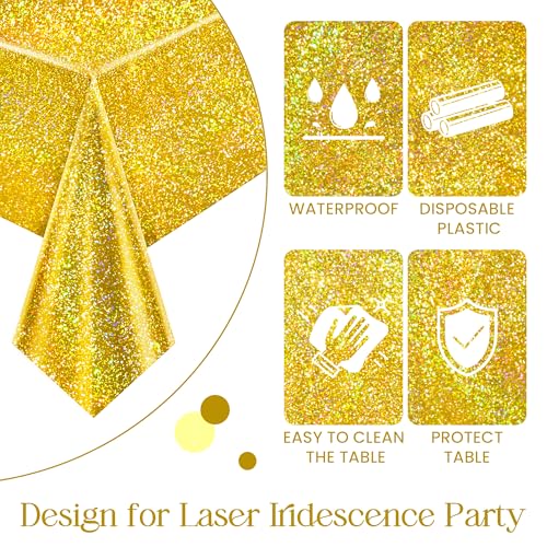 Image of Just Shimmer 1 Pack Gold Holographic Tablecloth 40 x 108, Shiny Laser Iridescent Disposable Plastic Rectangle Table Cover for Birthday, Graduation, Wedding, New Year Christmas Party Decorations