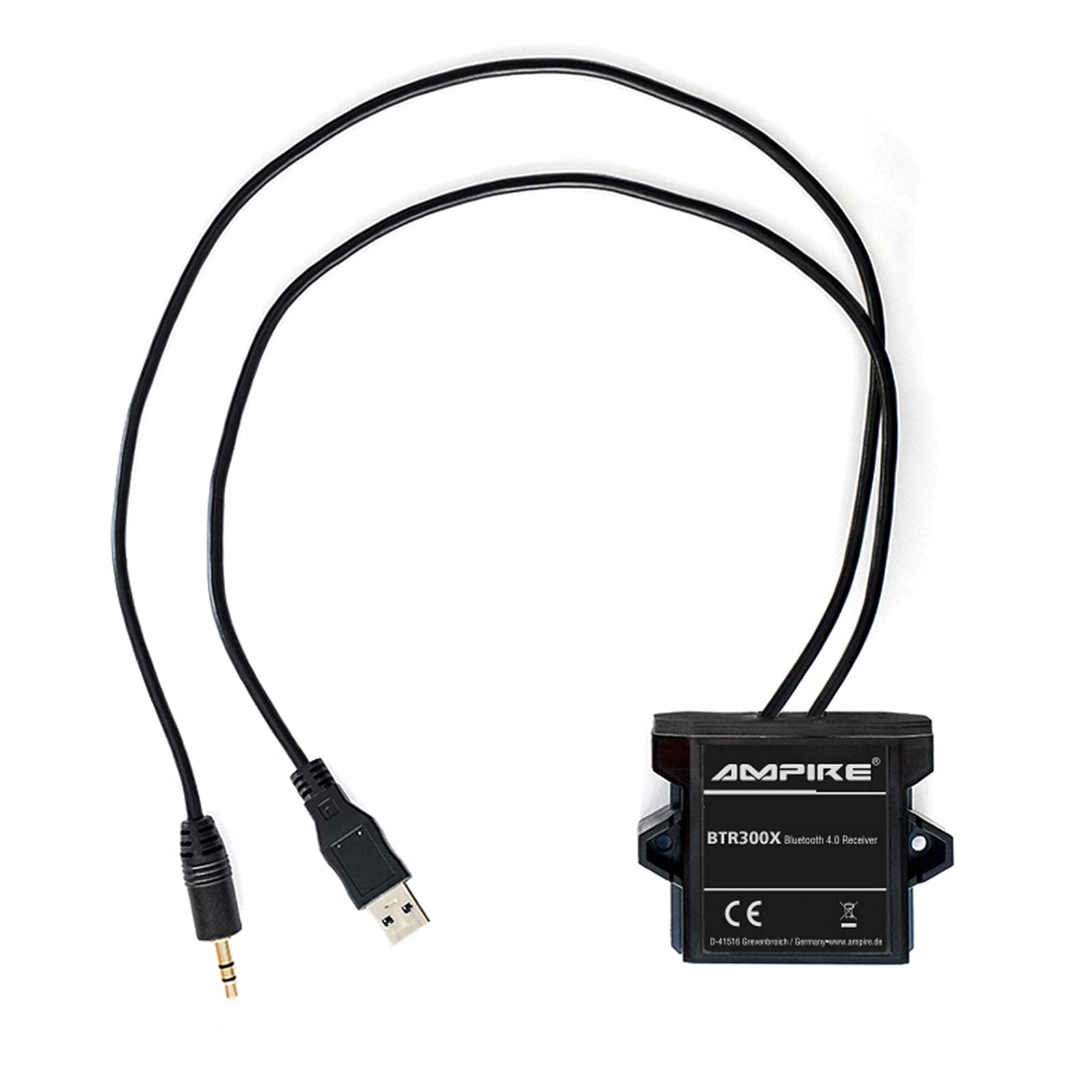 AMPIRE BTR301-HD uniwersalny adapter Bluetooth do strumieniowego przesyłania muzyki z pilotem zdalnego sterowania (jack 3,5 mm + USB, aptX), wodoszczelny, idealny do samochodów / samochodów / domowych