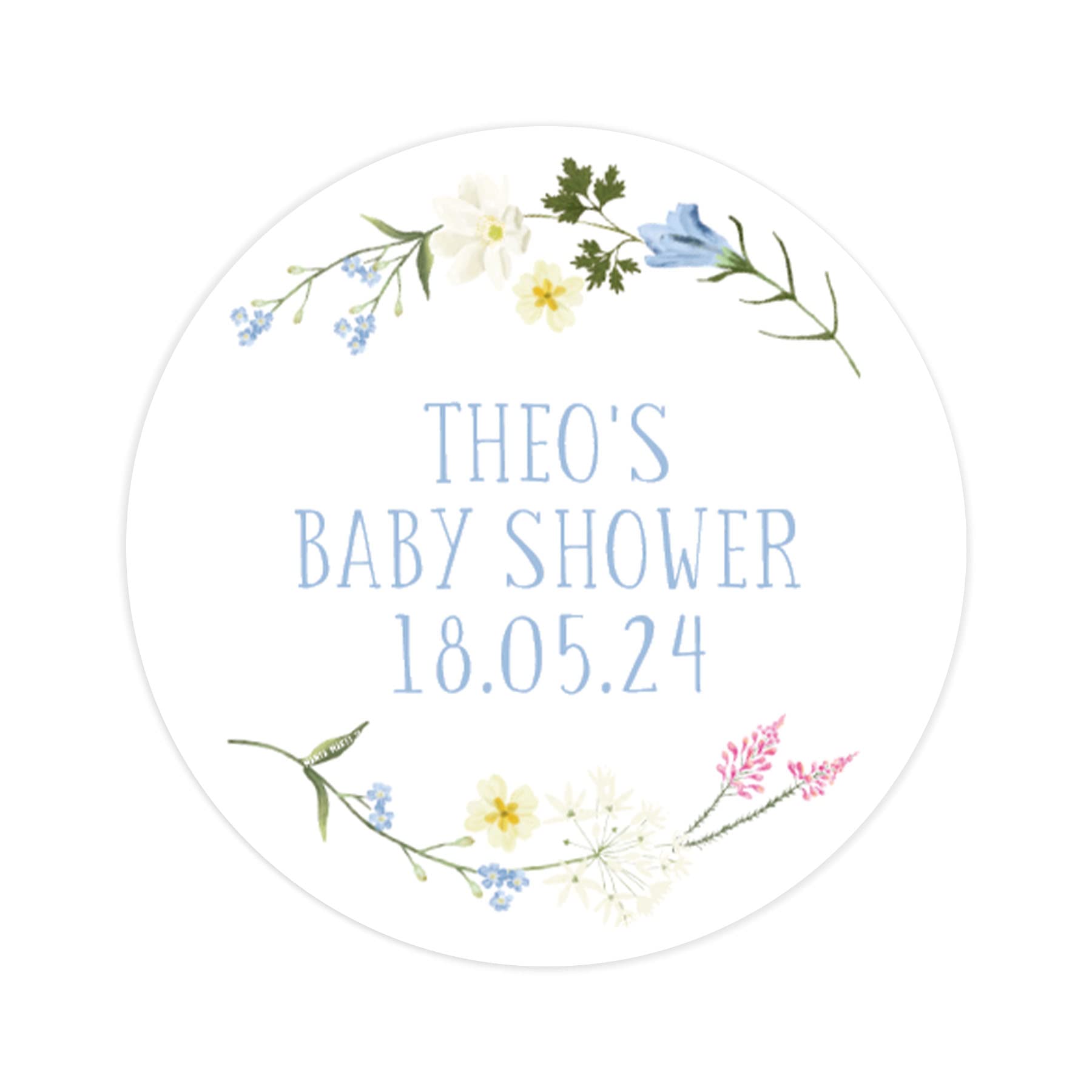 Manta Makes personalised baby shower stickers | baby shower sticker/labels | for favors floral wildflower | round circle | flowers boho baby (Baby shower)