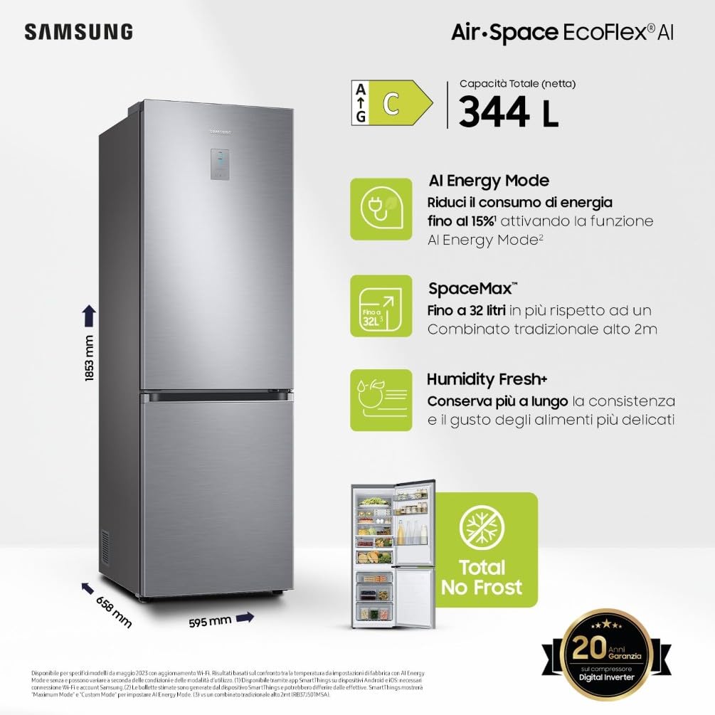 Samsung EcoFlex AI RB34C775CS9/EF Frigorifero Combinato, WiFi, SpaceMax, Total No Frost, All Around Cooling, Motore Digital Inverter Garantito 20 Anni, 344 L, LxAxP: 59,5 x 185,3 x 65,8 cm, Metal Inox