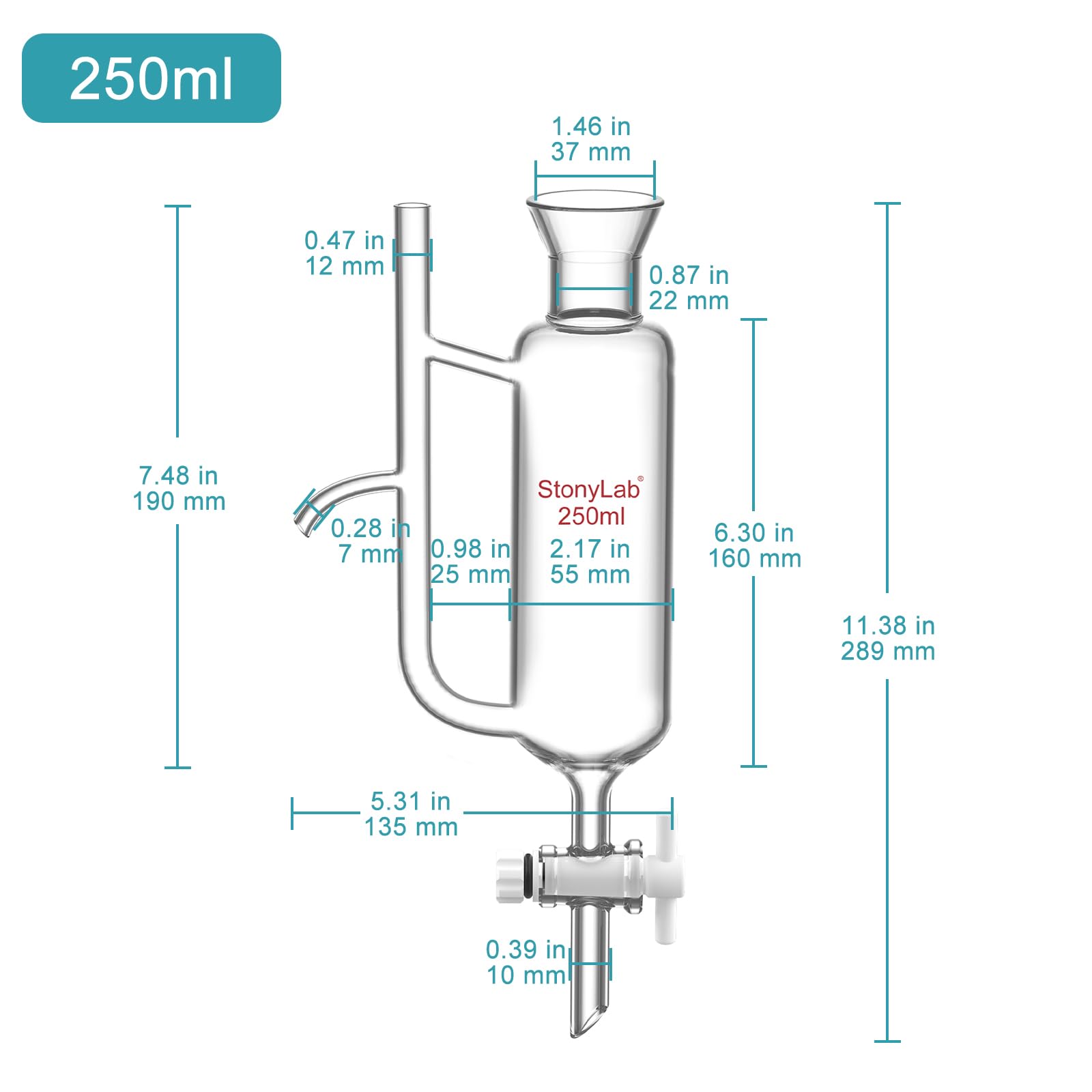 stonylab Weithals-Wasser-Öl-Abscheider mit PTFE-Hahn, Glaswaren zur Flüssigkeitstrennung und -reinigung, Zwei-Phasen-System-Laborexperimente, 250 ml