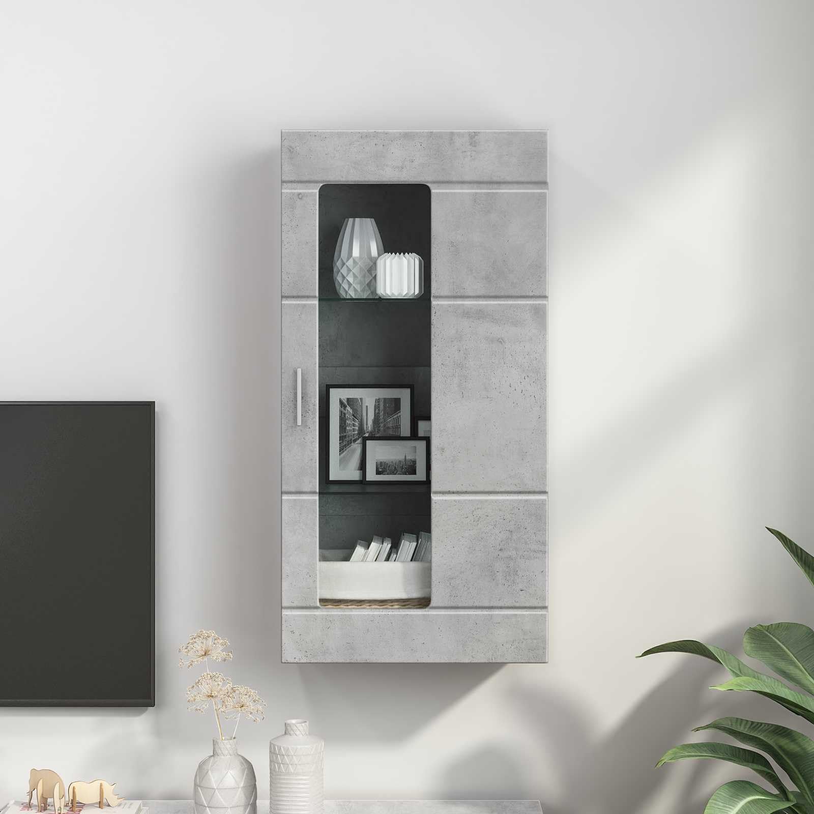 Armadio in legno grigio cemento con 1 anta e 2 ripiani, opaco, 47 x 27 cm, moderno spazio per soggiorno, ufficio, interni, versatile