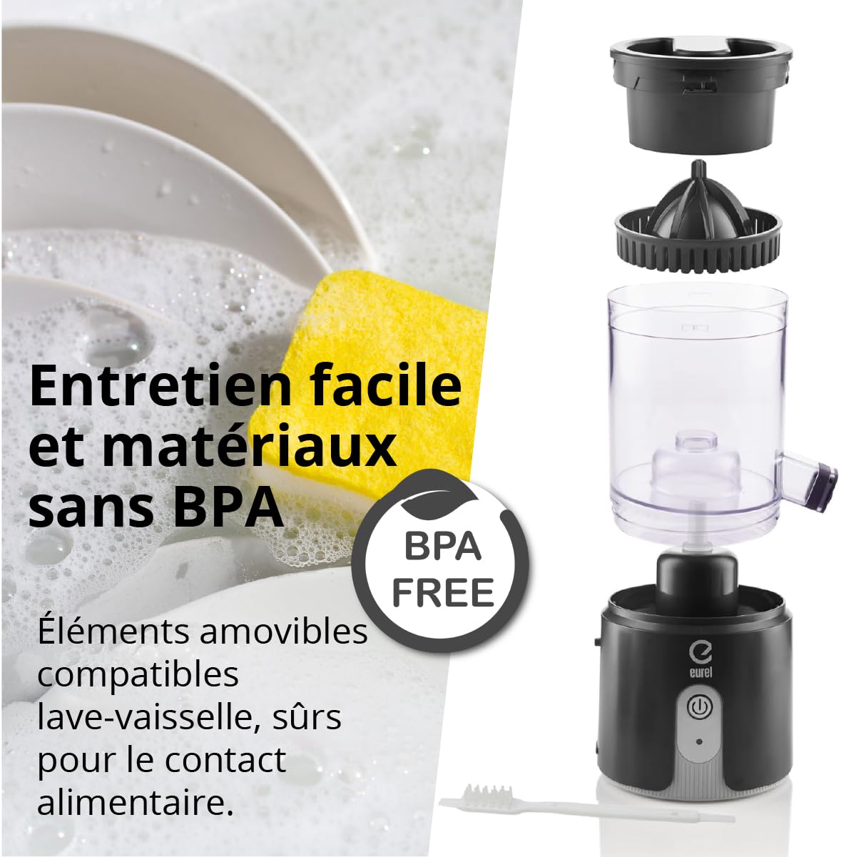 EUREL OA42 Presse agrume electrique – Presse agrumes sans fil et rechargeable – Presse orange electrique automatique, sans BPA, noir