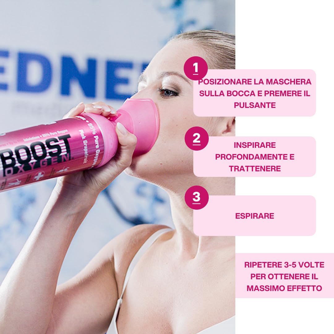Boost Oxygen - Bombola di Ossigeno Portatile - Bomboletta di Ossigeno Puro e Naturale al 95% - Concentrazione, Recupero, Energia, Umore, Medio - 40Lt,8x5Lt (8x Pacchi - 800 Inalazioni) - Pompelmo Rosa | Bomboletta di Ossigeno Puro al 95% Portatile per Rec