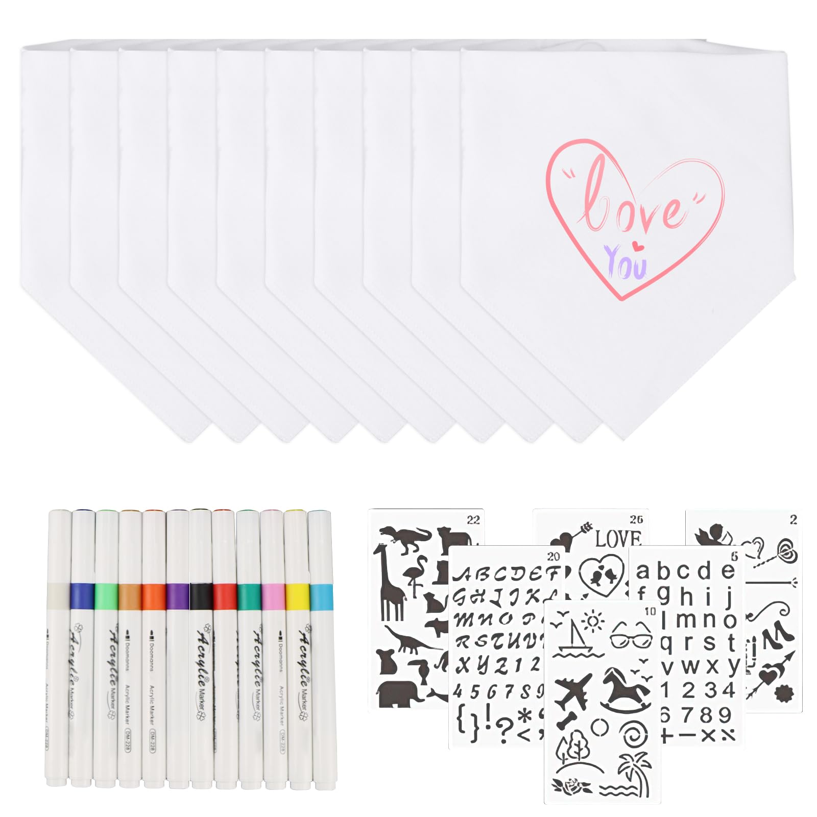 DAGORD Baby Lätzchen zum Bemalen Set 10 Stück Baby Dreieckstuch Baumwolle Weiß 12 Textilstifte 6 Malen Schablonen - Lätzchen DIY Geschenk für Babyparty Babyshower Junge und Mädchen Gender Reveal Party