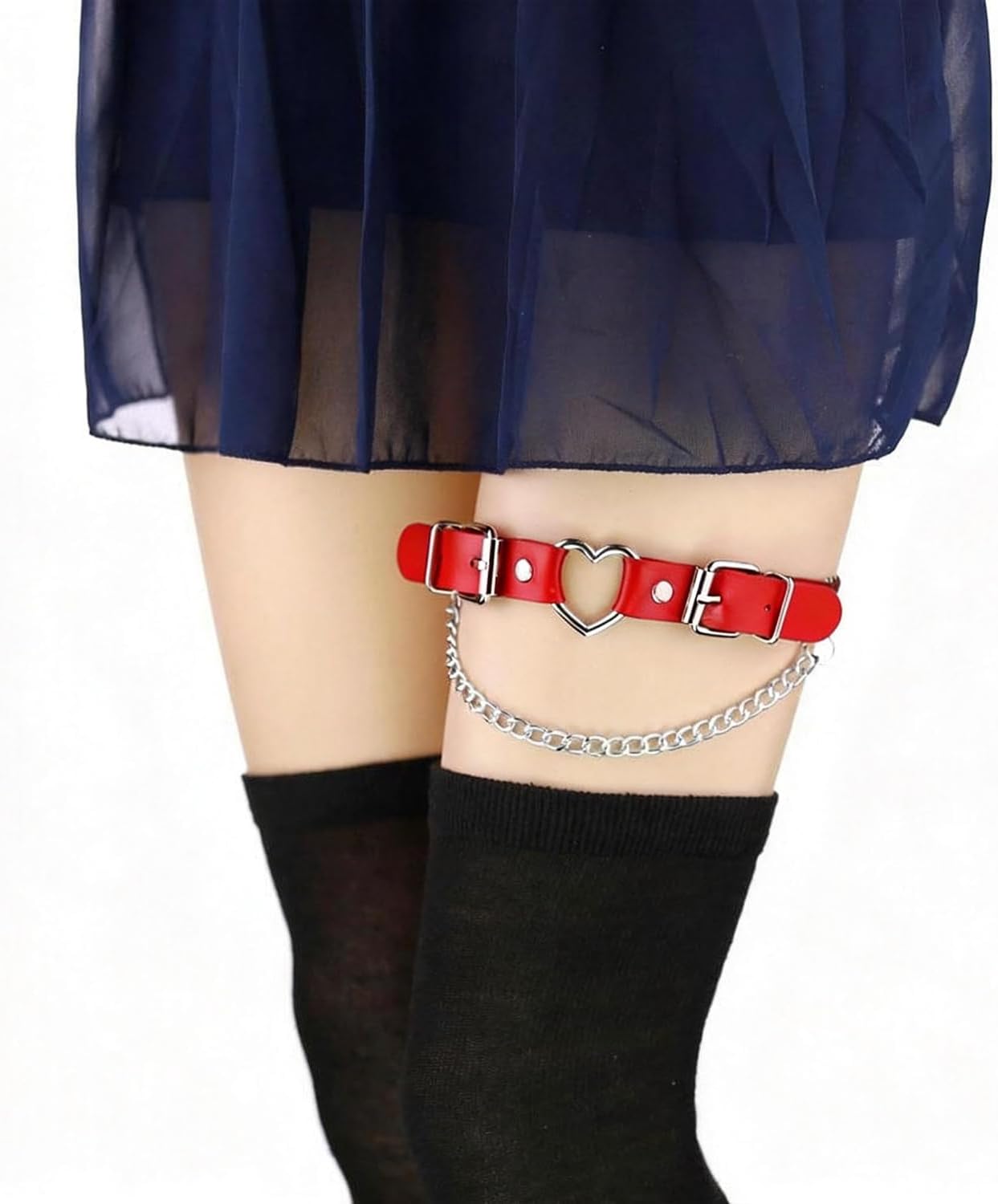Women Thigh Garter Belt Gothic Leg Harness Heart with Chains Adjustable Elastic Belt 2PCS