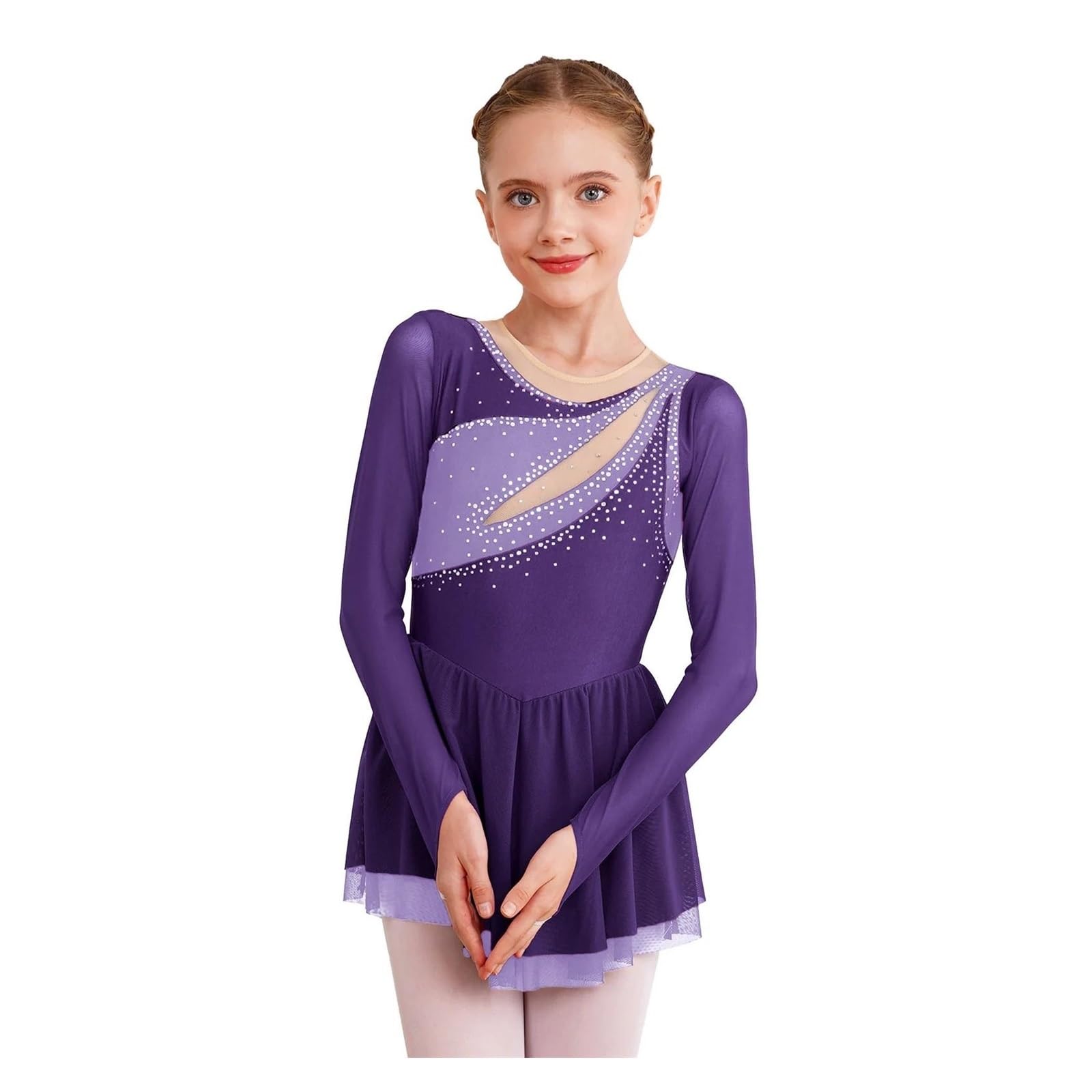 Vestidos de Patinaje artístico Brillantes con Diamantes imitación for niñas, Vestido Leotardo Baile Ballet Bloques Color, Ropa Manga Larga Malla Transparente