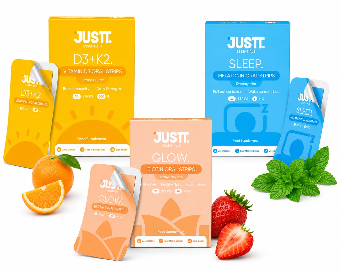 JUSTT Essentials Oral Strips Multi Combo Pack of 3 | Glow Biotin, Sleep Melatonin & Vitamin D3 + K2 | Fast Dissolving Mouth Films | Strawberry, Mint, Orange | Zero Sugar | 30 Strips Each-image-15