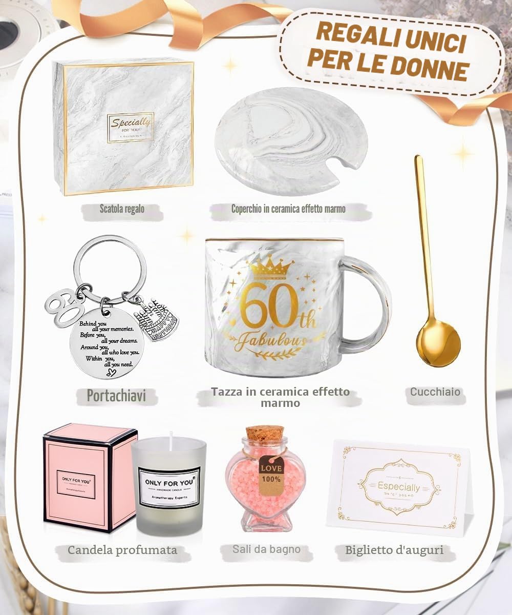 Regalo Donna Compleanno 60 Anni, Set Regalo Tazzine da Caffè per Donna, Scatola Regalo, Tazza da Caffè, Candele profumate, Regali per coccole, Idea Regalo Compleanno 60 Anni Migliori Amici, Sorella