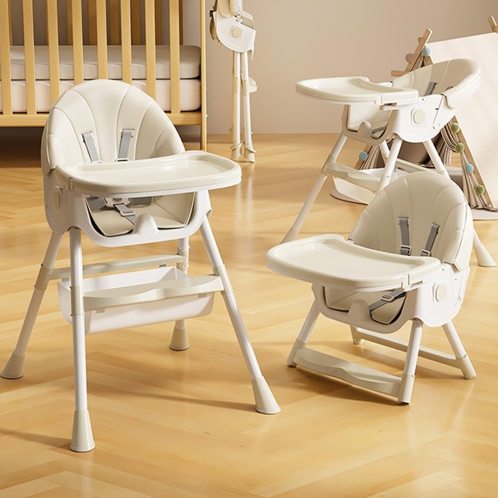 Supfine Chaise haute pour bébé 3 en 1, réglable avec ceinture de sécurité à 5 points, planche à manger amovible, hauteur réglable 87 cm, pliable, pour bébés et tout-petits (beige, 3 en 1)