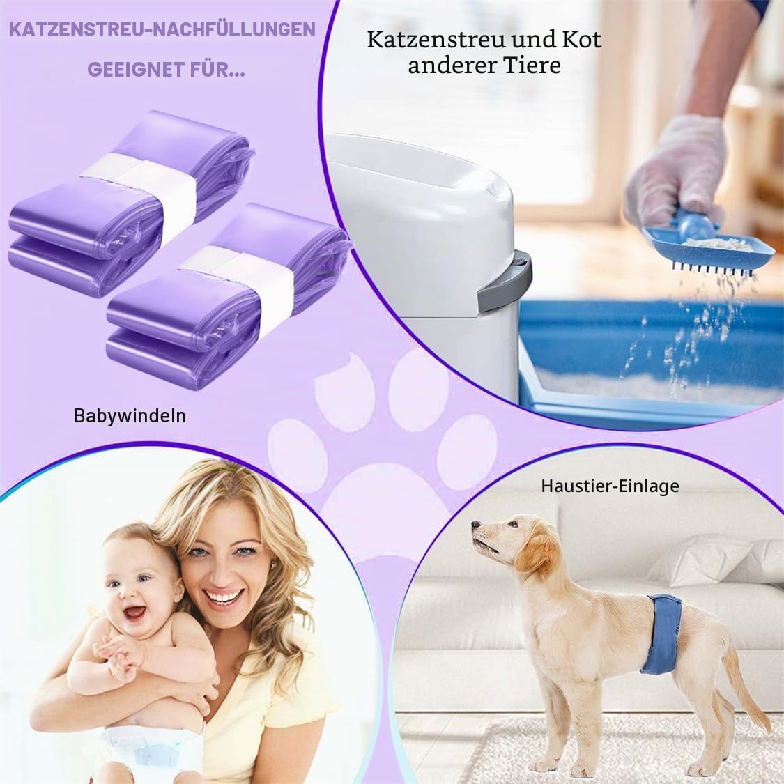Nachfüllbeutel für Katzenstreu 4 Stück Nachfüllpackung Windeleimer Nachfüllfolienringe kompatibel mit Nachfüllkassette Litter Locker Katzenstreu Eimer
