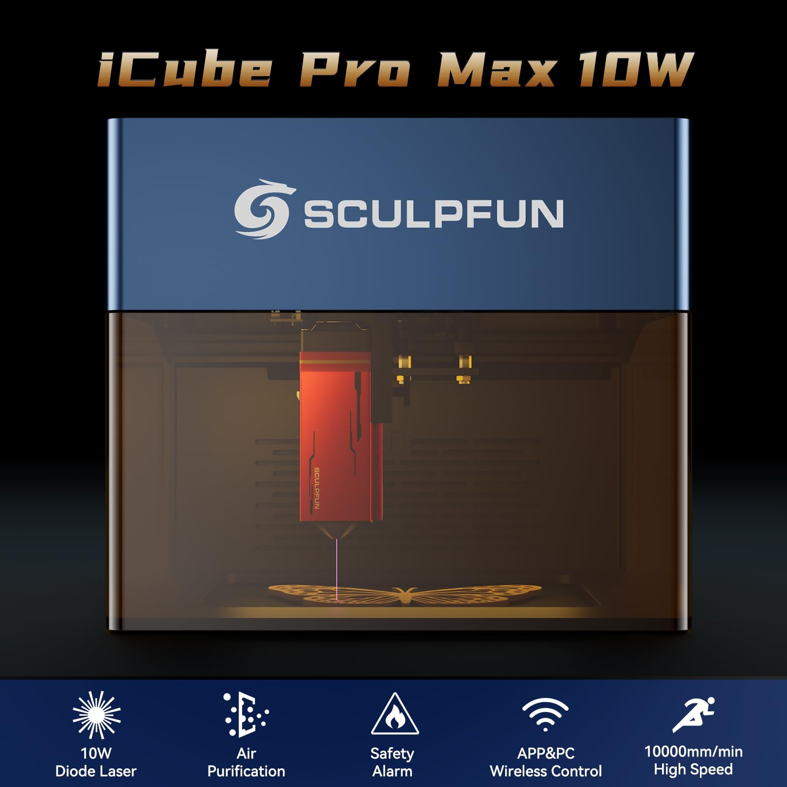 SCULPFUN iCube PRO MAX 10W Macchina per incisione laser da 10W portatile con precisione di incisione di 0,05 mm, incisione offline con filtro antifumo per carta, legno, plastica
