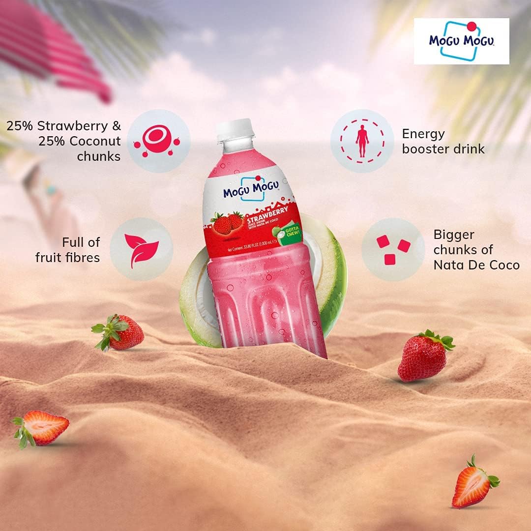 Mogu Mogu Strawberry Juice with 25% Nata De Coco, 1000ml (12 Pack)
