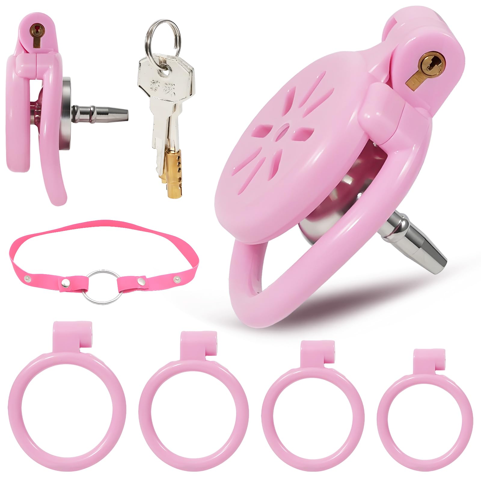Jouet Adulte Cage Chastetée Plate Cage de Chasteté Inversé avec 4 Anneaux de Tailles Différentes Chastity Cage avec Serrure Dissimulée et Ceinture pour le Bondage du Pénis de l'Homme (M,Pink)