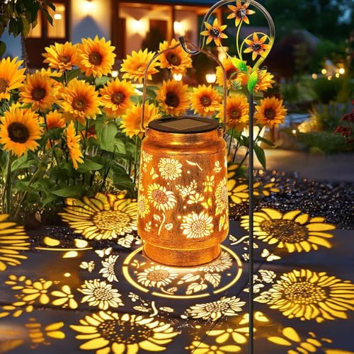 Sunflower Solar Lanterns Outdoor with Shepherd Hook Birthday Gift Mothers Day Gift for Women Mom Grandma Wife Daughter Waterproof LED Hanging Lights Decor for Yard Garden Patio Porch Lawn Tabletop