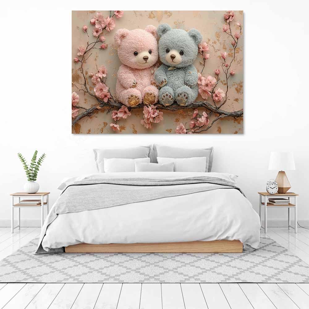 WQBQKKX Rosa-Grauer Teddybär-Leinwandbild, Blumen-Spielzeug-Print, Süß Kawaii für Kinderzimmer Schlafzimmer(Y)-50x70cm Gerahmt
