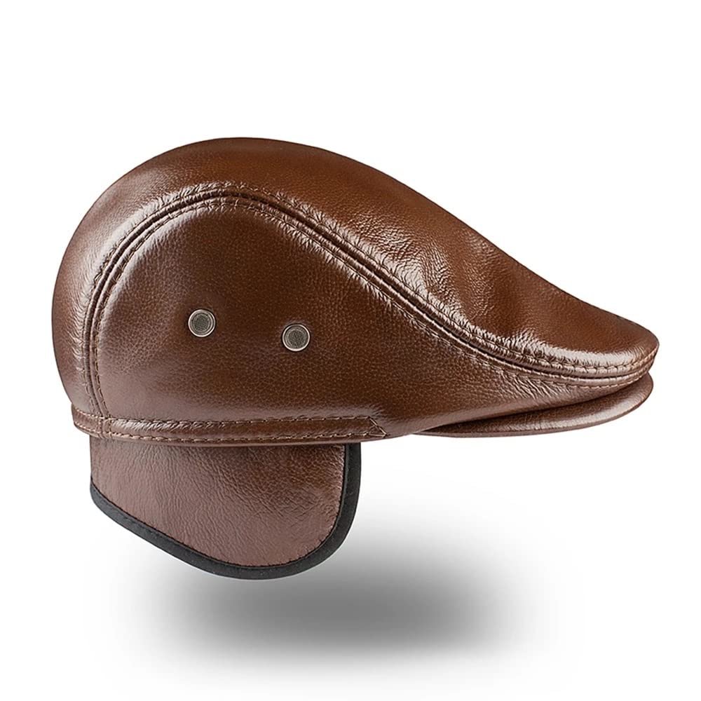 czapka zimowa, Męski beret z płaskim daszkiem, brązowy, nauszniki, ciepła