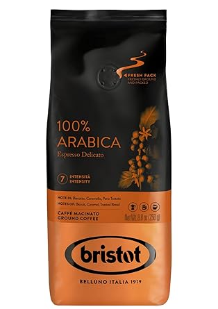 Bristot 100% Arabica Ground Coffee Italian Espresso Delicato Medium Roast Ground Coffee for Moka Pot, French Press & Pour Over 8.8oz 250g