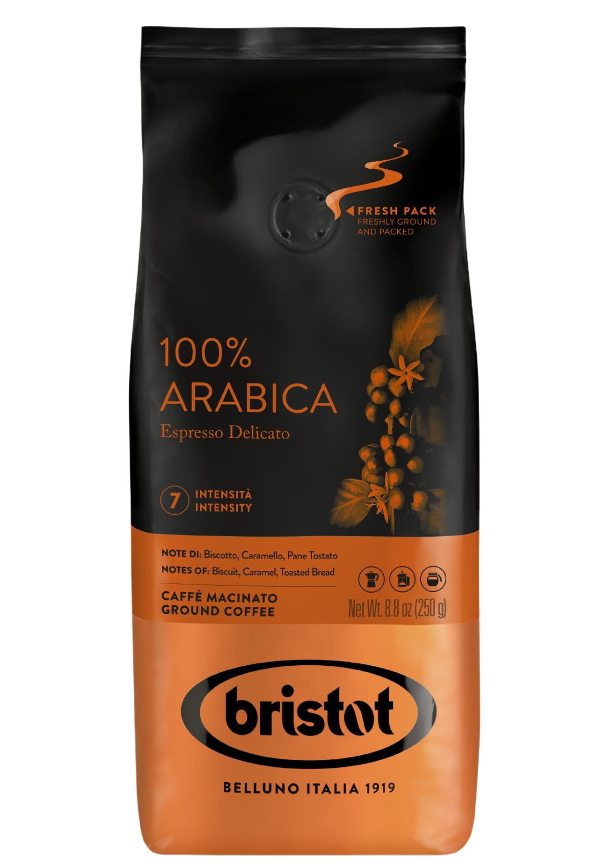Bristot 100% Arabica Ground Coffee – Italian Espresso Delicato – Medium Roast – Ground Coffee for Moka Pot, French Press & Pour Over – 8.8oz (250g)