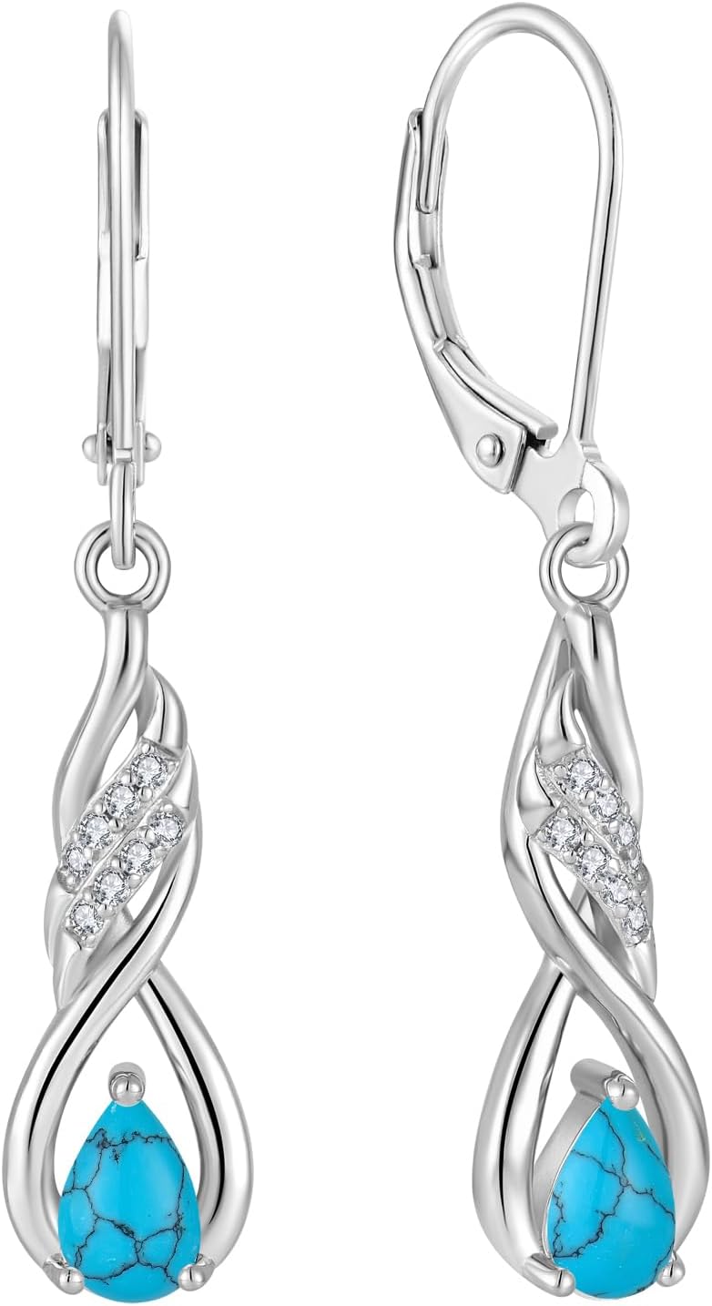 Turquoise Earrings 925 Sterling Silver Leverback Drop Dangle Earrings 5A Cubic Zirconia Jewelry for Women