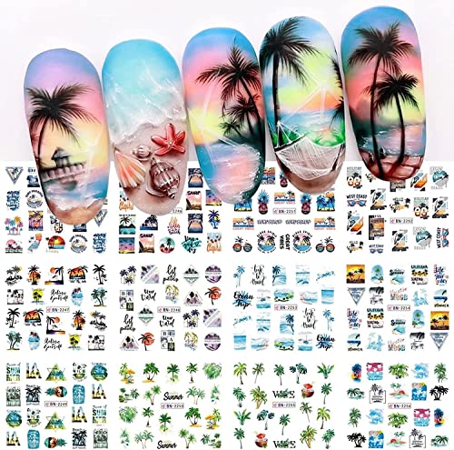 12 Sheets Summer Nail Art Stickers Seaside Series Water Transfer Nail Art Decorations Tropical Style Coconut Palm Beach Design Nail Slider Decals Summer Holiday Nail Accessories For Women Diy #TOP17
