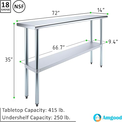 Miniatura 3 de AmGood Mesa de trabajo de acero inoxidable de 14" X 72"  Mesa de preparación de alimentos de cocina de metal  NSF