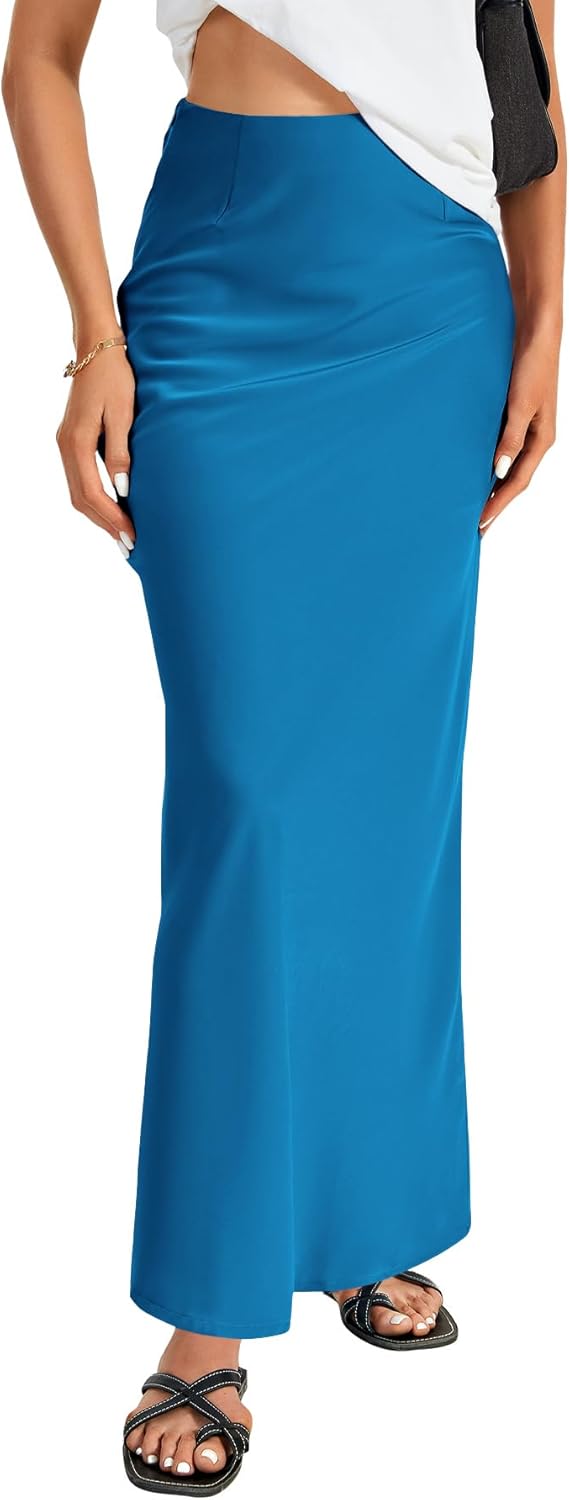 Vrtige Women's Elegant Satin Silky High Waist Zipper Flowy A Line Maxi Long Skirt