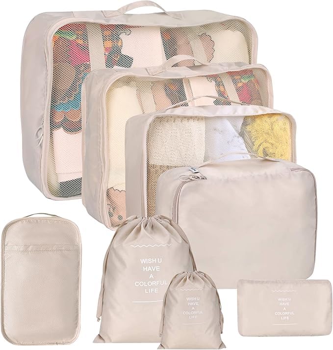 Modiq 8 Pieces Mesh Travel Packing Cubes Set, Luggage Organizers with Laundry Bag, Shoe Storage Bag, Clothing and Underwear Bags for Suitcase, Beige-picture-25