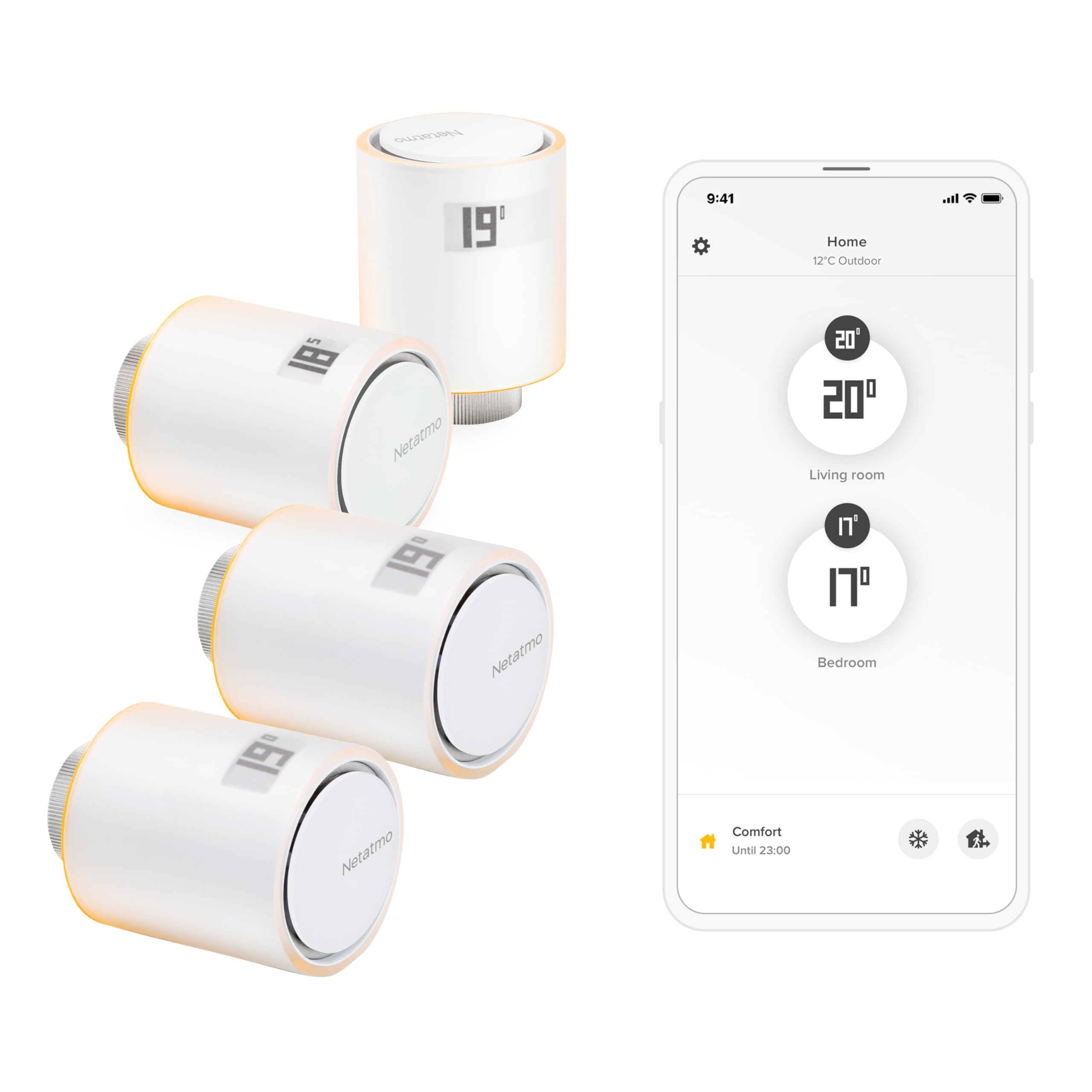 Netatmo Pack 4 Valvole Termostatiche WiFi, Controllo Remoto, Risparmio Energetico, Accessorio per Radiatori, Compatibile con Alexa e HomeKit, Installazione Facile, NBU-4-NAV-EU