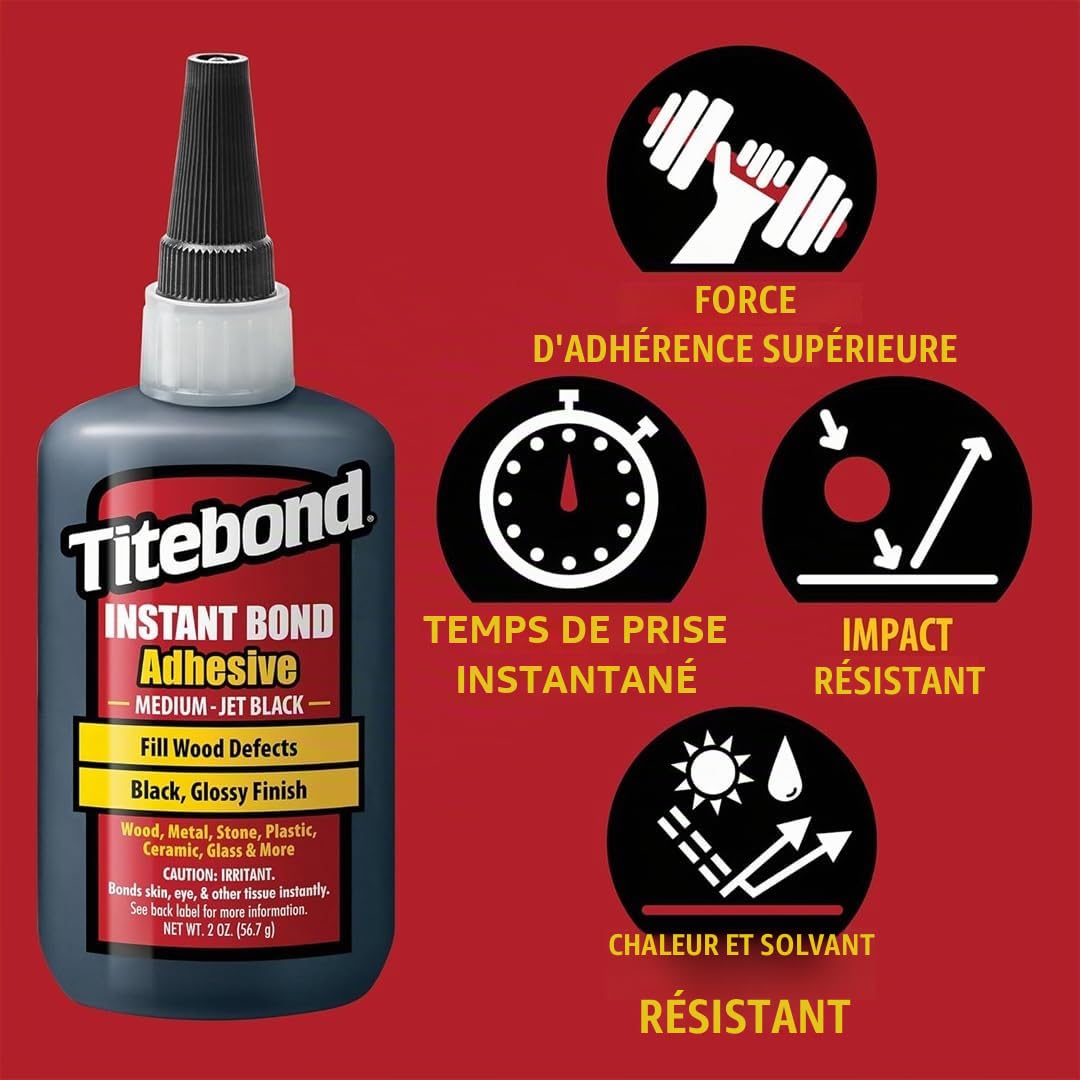 Titebond Instant Bond 8211 - Colle moyenne CA Super Glue - Jet Black, adhésif éthyle cyanoacrylate pour le travail du bois, remplissage de blancs, lot de 40 à 60 secondes - 56,7 g