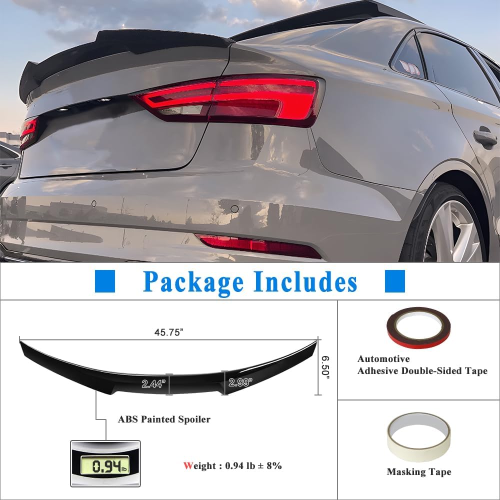 A3 Trunk Spoiler Wing Compatible with Audi A3 S3 RS3 Spoiler 8V 2014-2020, Gloss Black Painted (MF Type)