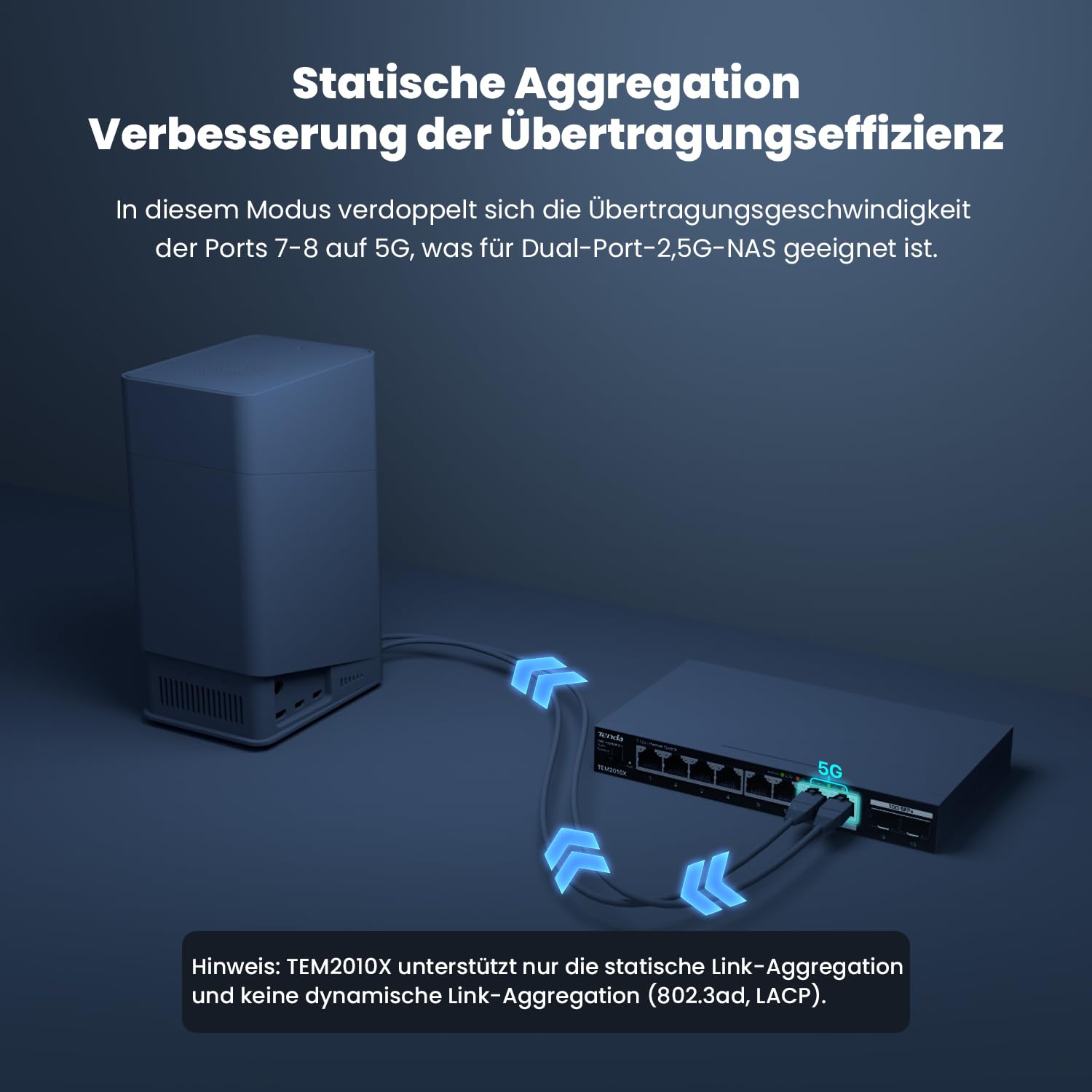 Tenda 2.5 Gbit Switch mit 8X 2.5G Ports & 2X 10G SFP+ Ports (VLAN, Statische Aggregation, Lüfterlos, Plug & Play, Desktop-/Wandmontage, Unmanaged, Metallgehäuse) (TEM2010X)