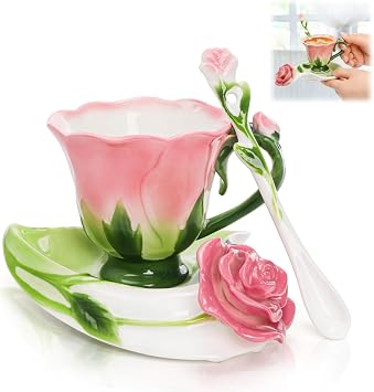 Cididu Pink Tea Cups with Saucer and Spoon, 4.5 Oz Small Ceramic Rose Flower Tea Cup Set for Women Girls, Hand Crafted Vintage Coffee Latte Mug, Fancy Teaware for Mothers Day, Birthday Gift, Wedding