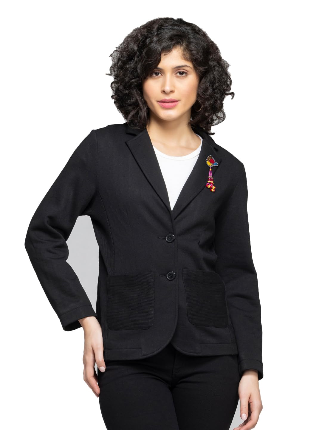 Black Notch Lapel Collar Solid Long Sleeves Casual Knit Blazer for Women-image-19