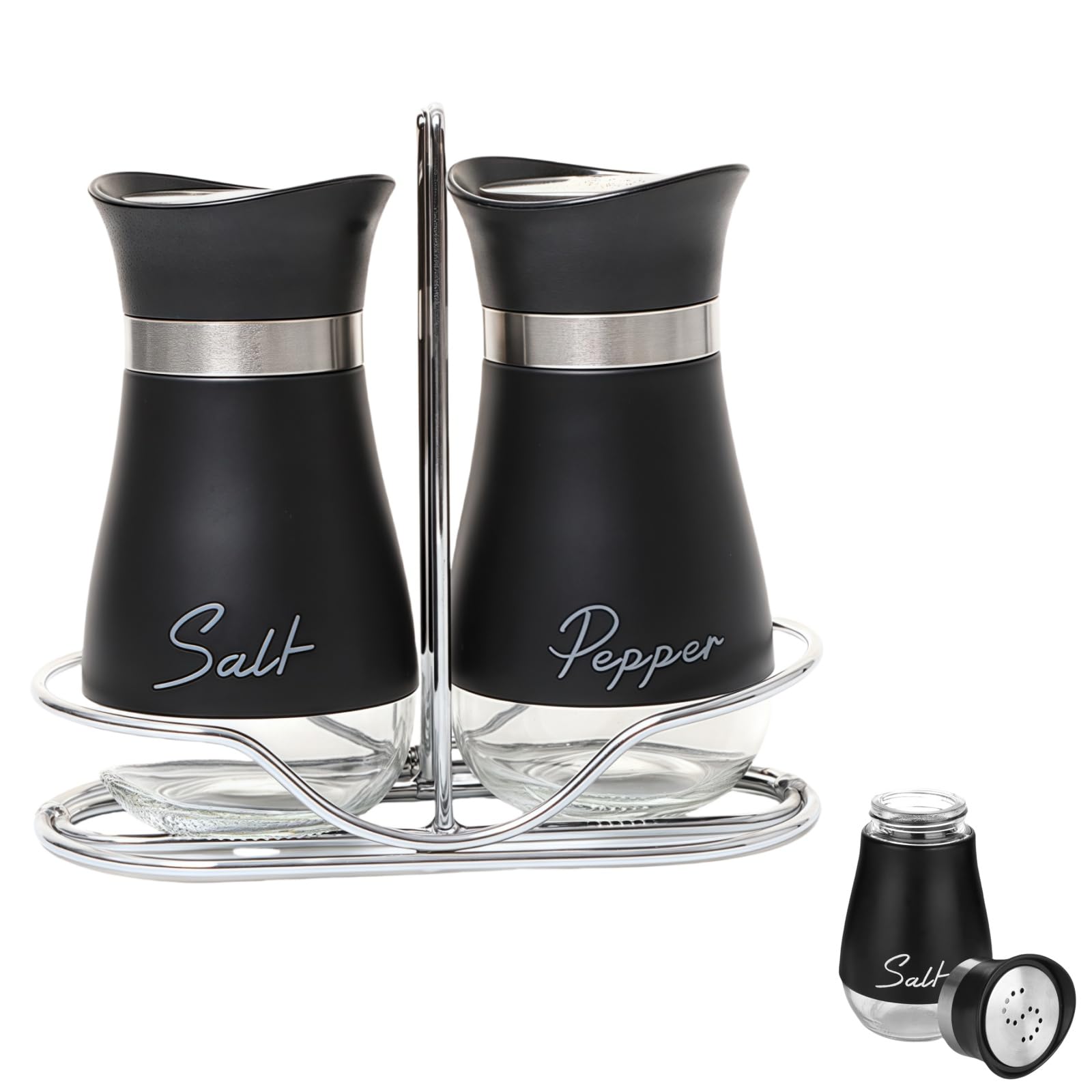 Salt and Pepper Sets with Holder, Glass Bottom Salt Pepper Shaker with Stainless Steel Lid for Kitchen Gadgets Cooking Table, Camp,BBQ Spice Shaker Containers, BBQ Seasoning Bottle Jars (Black)