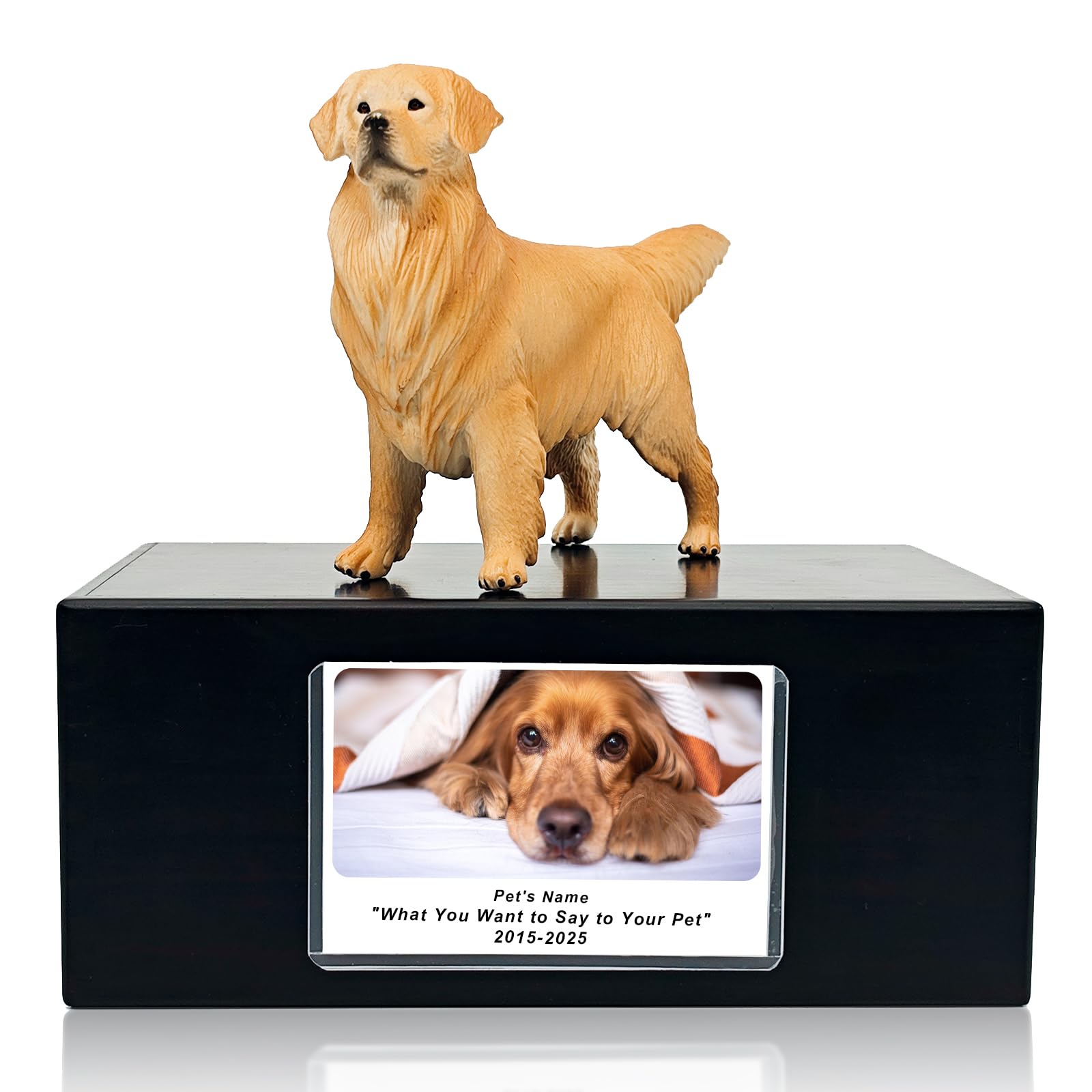 MEM PLANETE Pet Dog Urns for Ashes Memorial Gifts for Loss Lovers Shadow Box Sympathy Keepsake Small Big Cremation Casket Funerary Frame Pictures Solid Rosewood Material Golden Retriever Figurine Urn