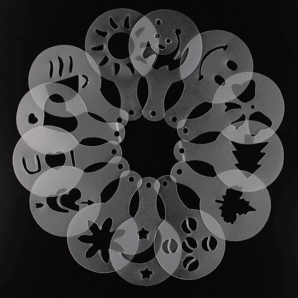 16 Pcs Creative Reusable Nice Coffee Decorating Cappuccino Stencils Template for Coffee Decorating, Cookie Icing, Cake, Cupcake Decor Food Grade PP,Various Patterns White Color 1Set-image-30