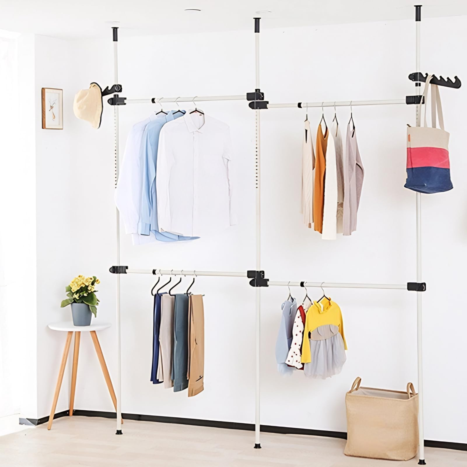 Perchero Independiente, Perchero de Ropa Telescópico, Carril de Ropa de Hierro Resistente, Extensible con 2 Ganchos, Bastidor de Ropa Altura Ajustable, Altura Ajustable 281-329 cm, Nuevo